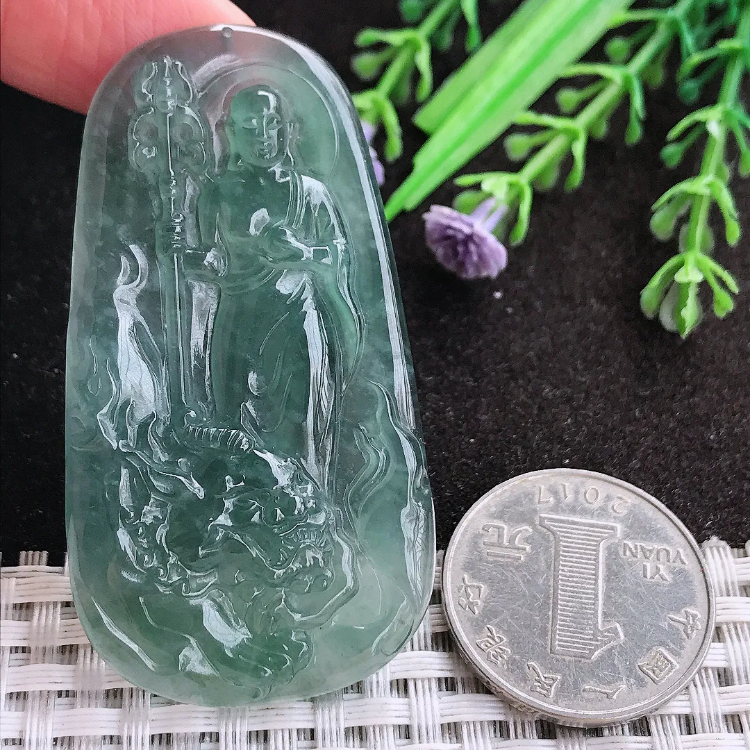 天然A货翡翠58.9/31.8/5.3老坑冰胶水灵蓝韵地藏王菩萨吊坠翡翠玉挂件