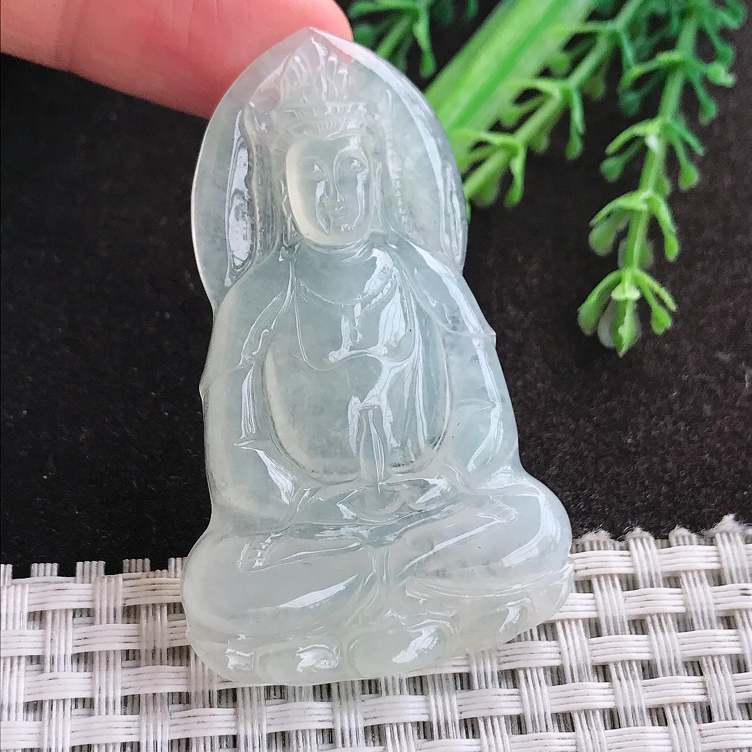 天然A货翡翠56.3/35.2/5老坑冰透起胶观音菩萨吊坠翡翠玉挂件