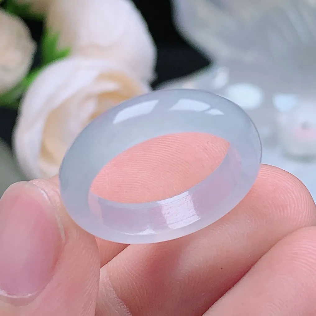 缅甸翡翠老坑冰种翡翠水润起胶白月光戒指玉指环  水润通透 尺寸：18-5.3-2.9mm 17号圈口