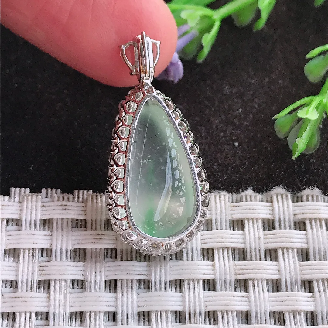 天然A货翡翠28/13.3/8.4老坑18k金镶嵌冰种福瓜吊坠翡翠玉挂件