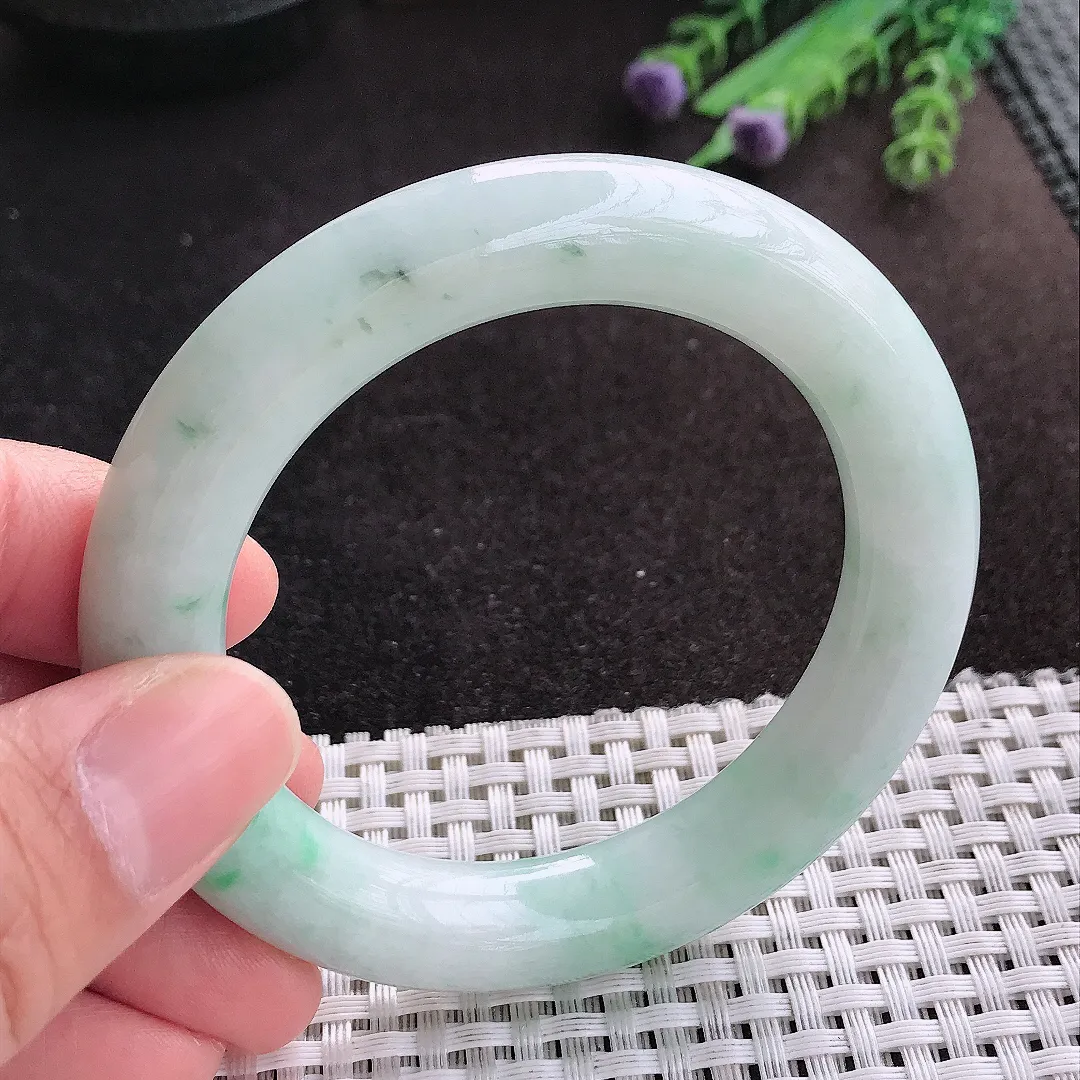 天然A货翡翠53/11/10.8老坑秀气温润飘花圆条手镯玉镯