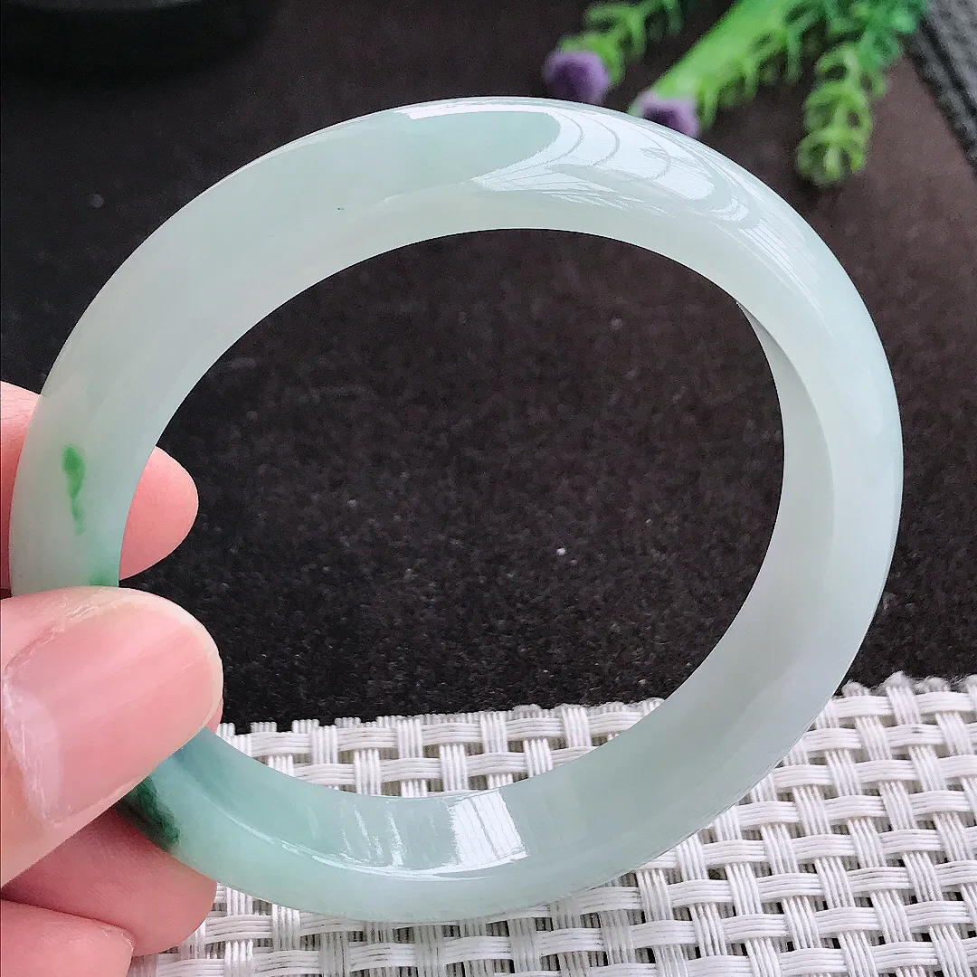 天然A货翡翠57.5/12.2/8.2老坑冰胶飘花手镯宽边玉手镯