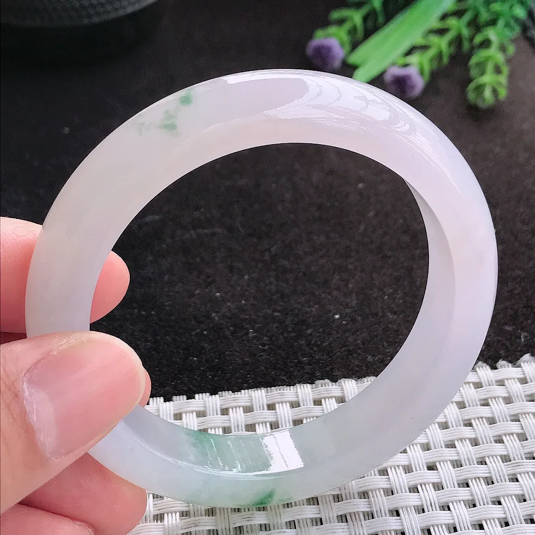 天然A货翡翠54/12.1/8.5老坑冰透果冻胶飘花手镯宽边玉镯