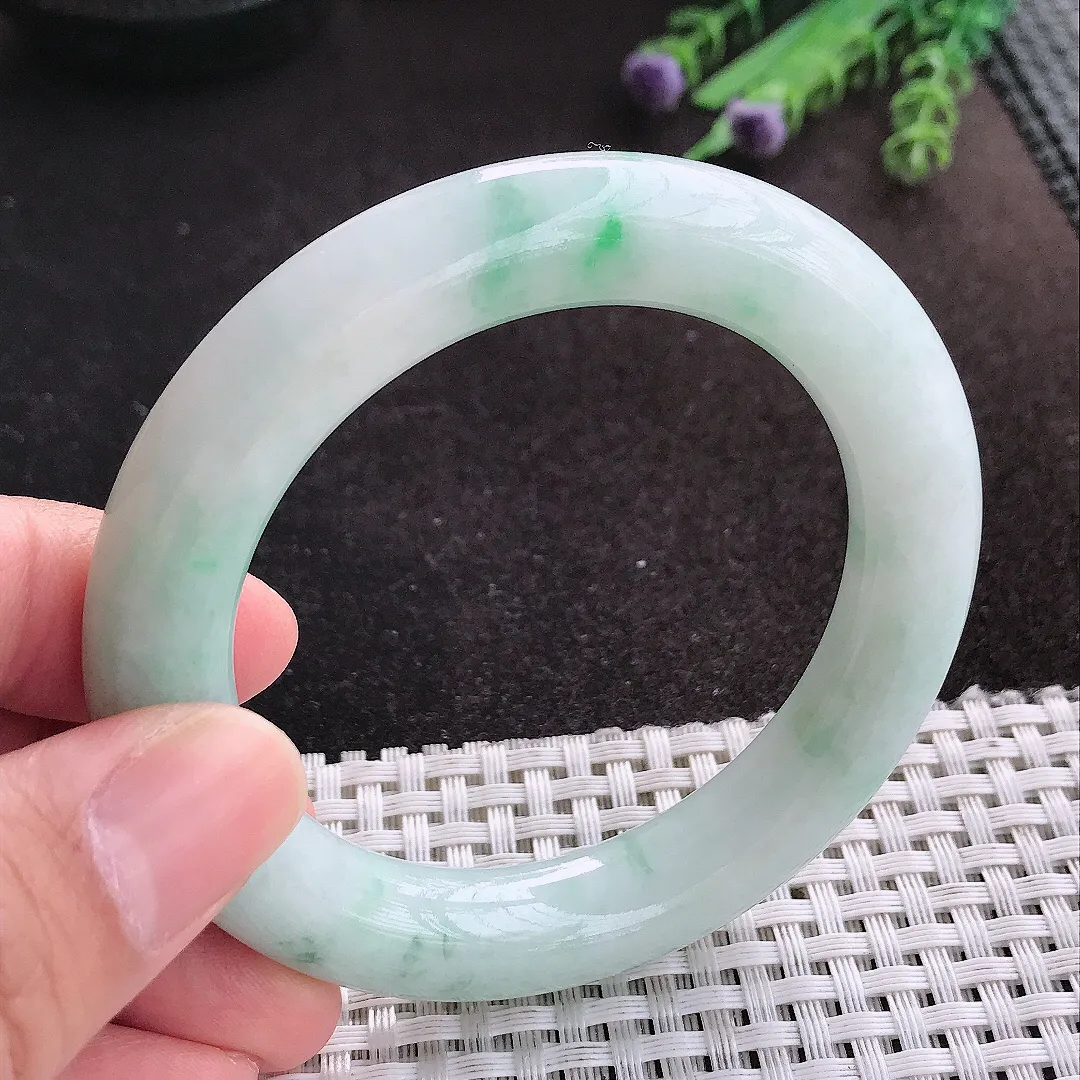 天然A货翡翠53/11/10.8老坑秀气温润飘花圆条手镯玉镯