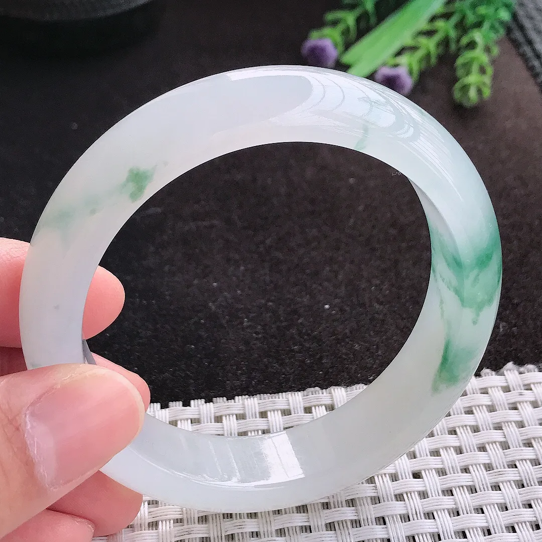 天然A货翡翠57/14.8/8.6老坑冰透果冻胶冰飘花手镯宽边玉镯