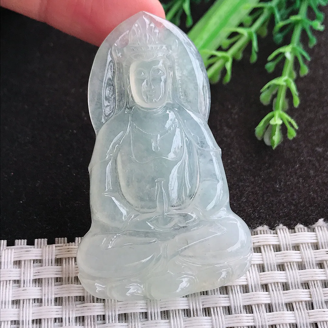 天然A货翡翠56.3/35.2/5老坑冰透起胶观音菩萨吊坠翡翠玉挂件