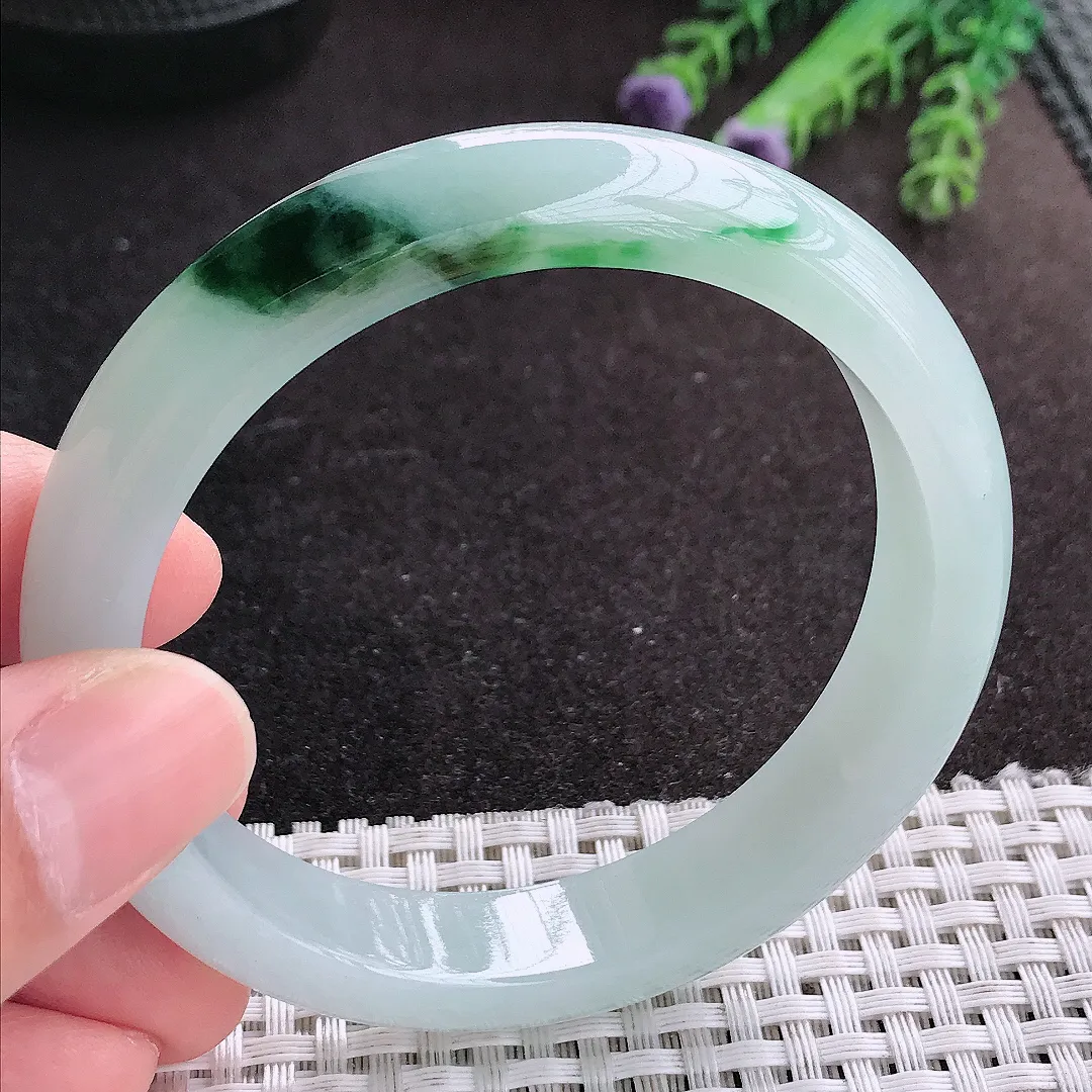 天然A货翡翠57.5/12.2/8.2老坑冰胶飘花手镯宽边玉手镯