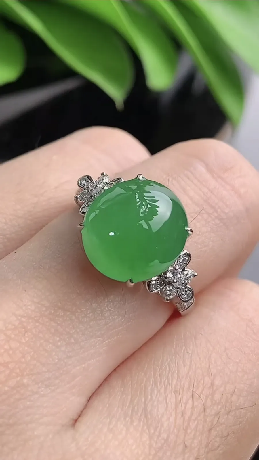 a货翡翠老坑冰种18K金伴钻镶嵌阳绿蛋面戒指 圈口17.3裸石尺寸11.5×10.6mm 重量5.00g 1203