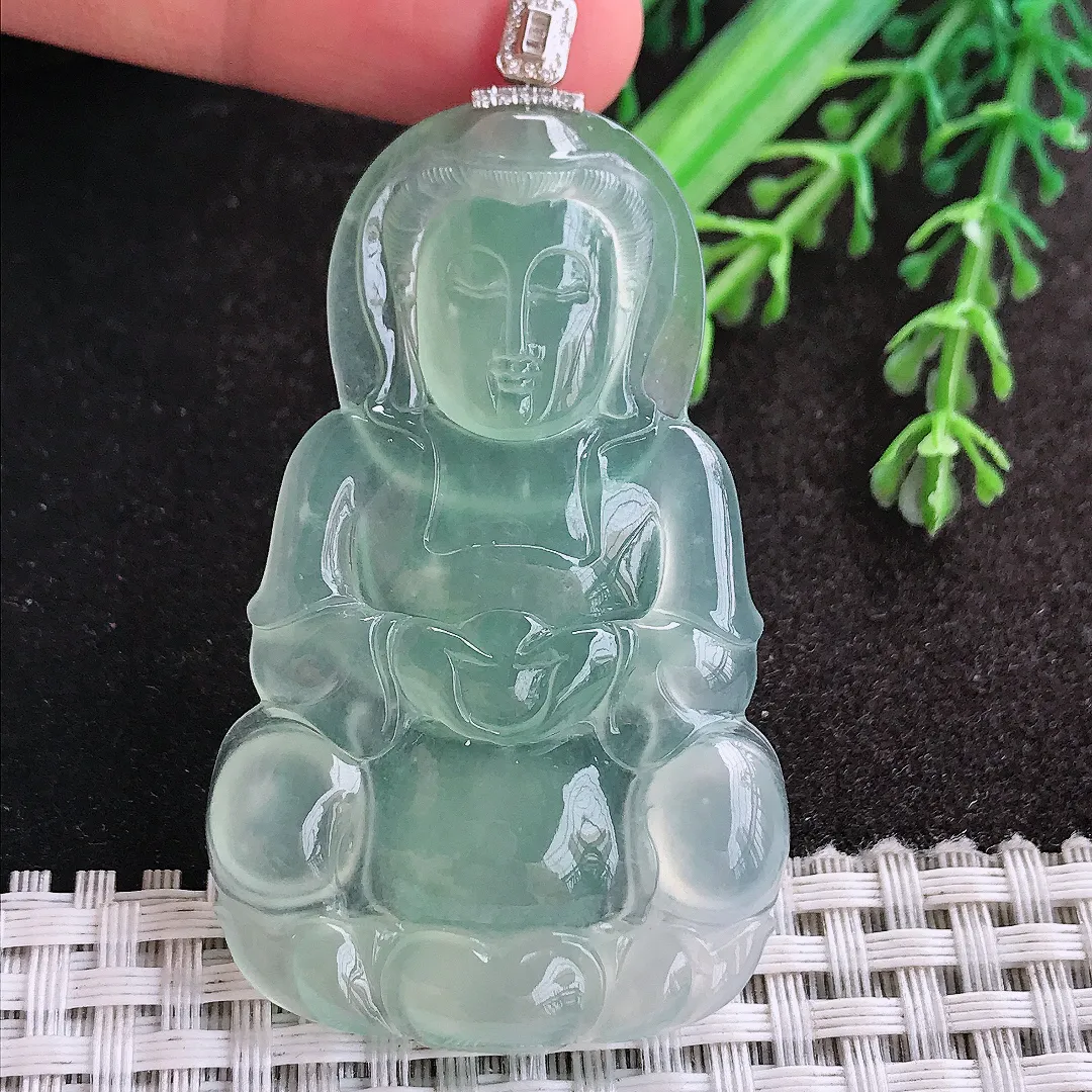天然A货翡翠57.6/35.5/5.6老坑18k金镶嵌冰种果冻胶冰晴绿观音菩萨吊坠正装