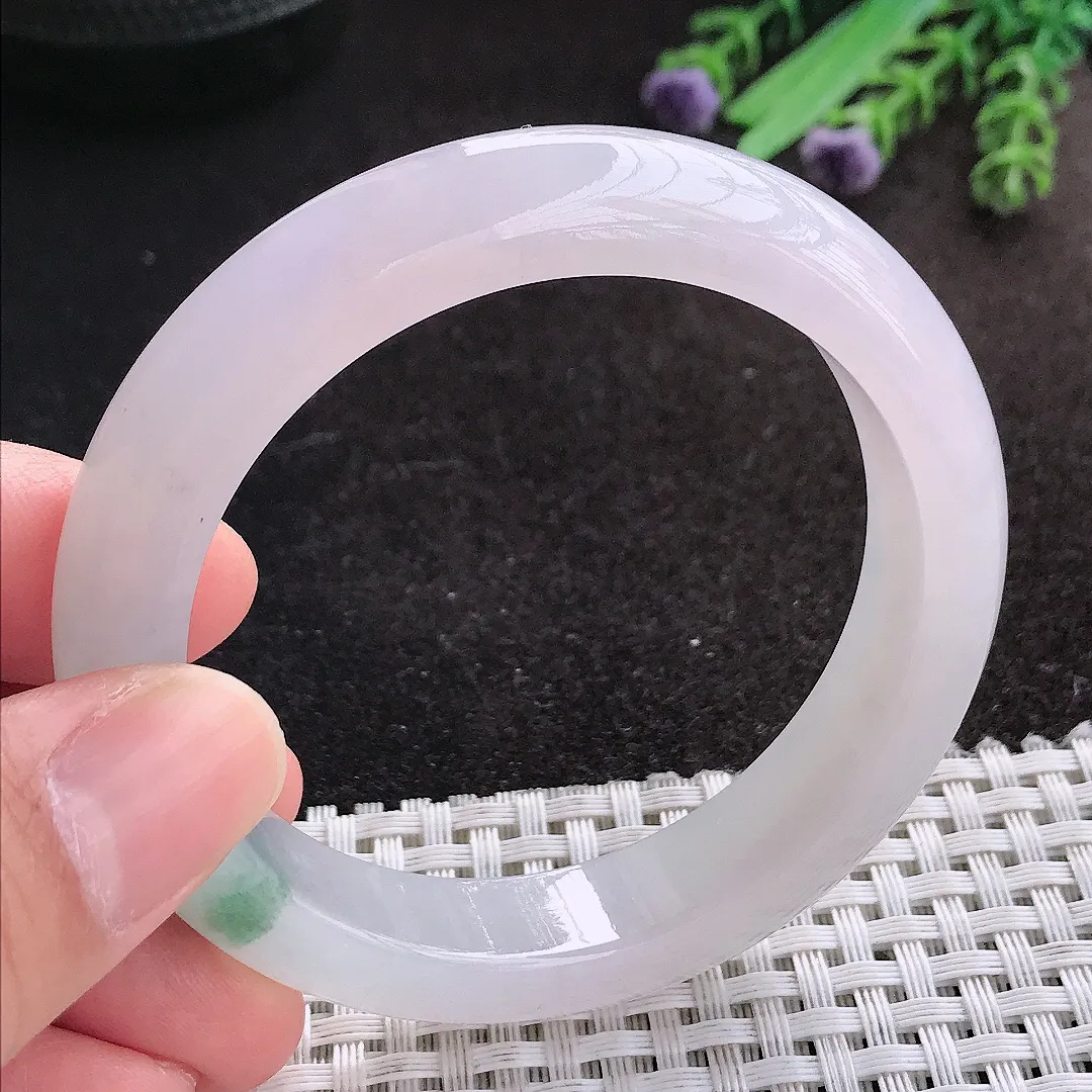 天然A货翡翠54/12.1/8.5老坑冰透果冻胶飘花手镯宽边玉镯