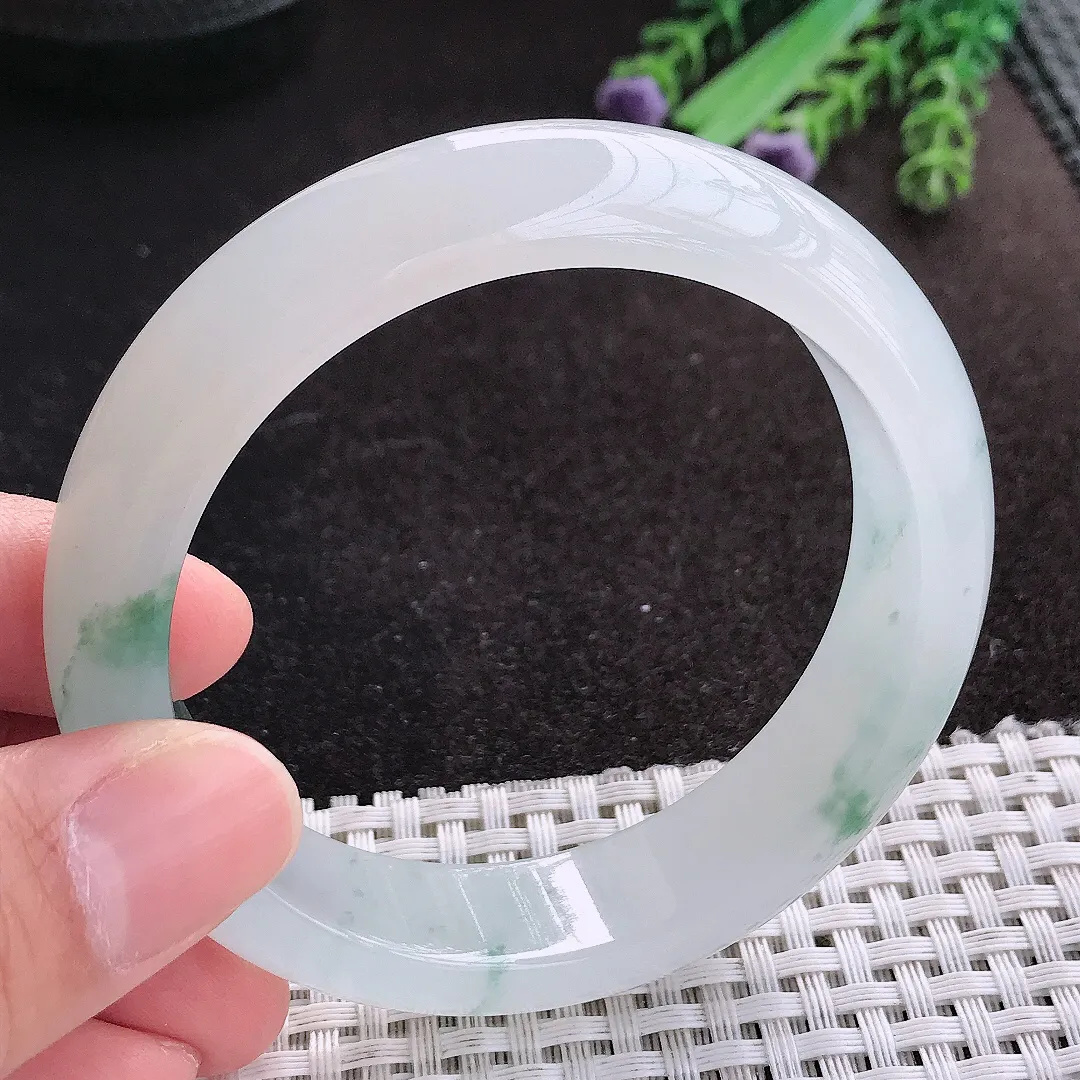 天然A货翡翠57/14.8/8.6老坑冰透果冻胶冰飘花手镯宽边玉镯