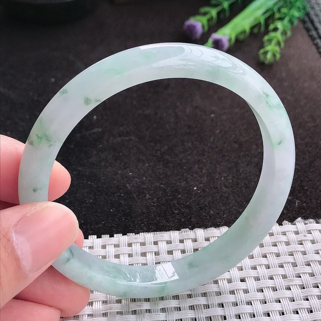 天然A货翡翠60.5/9.5/7.2老坑秀气冰润飘花手镯宽边玉镯