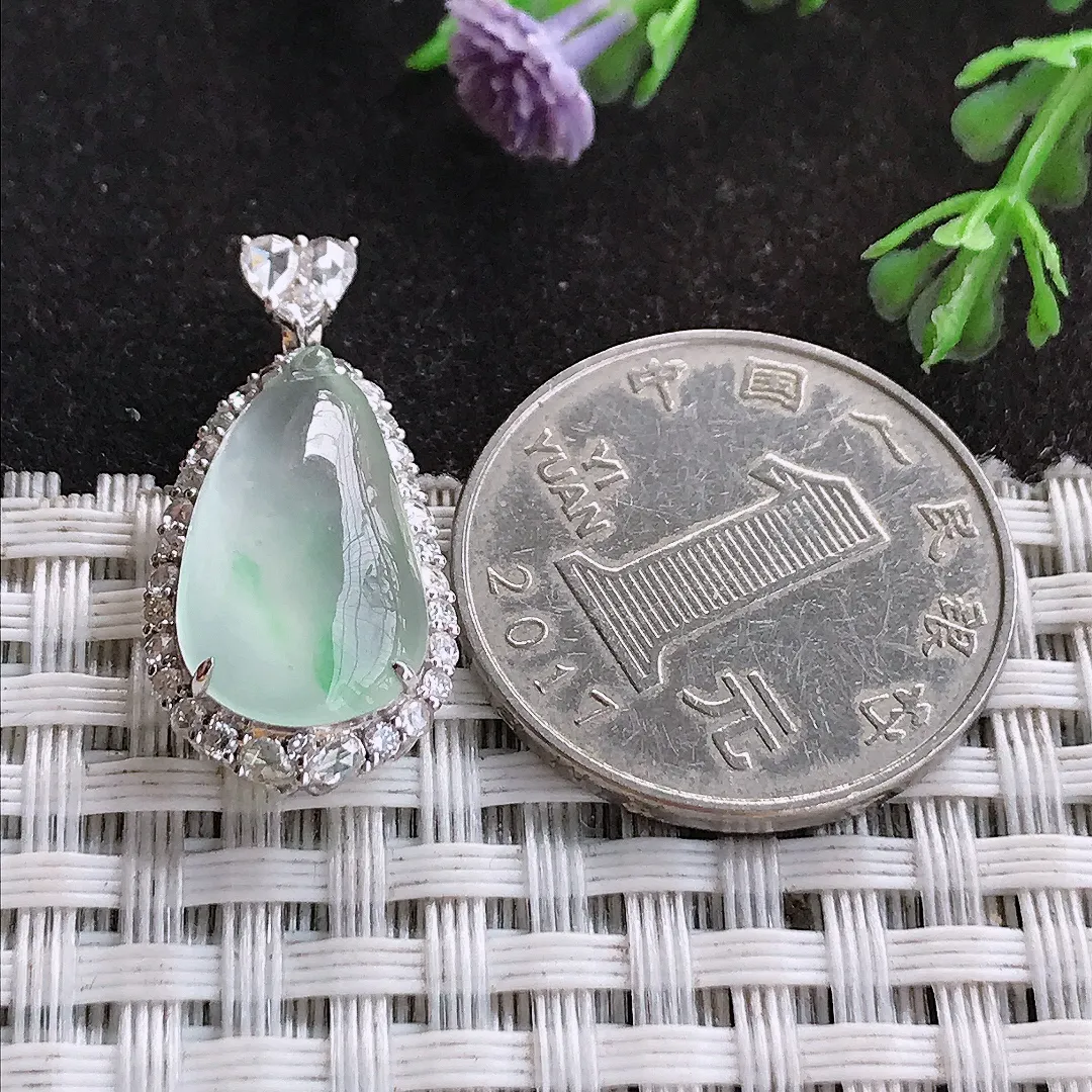 天然A货翡翠28/13.3/8.4老坑18k金镶嵌冰种福瓜吊坠翡翠玉挂件