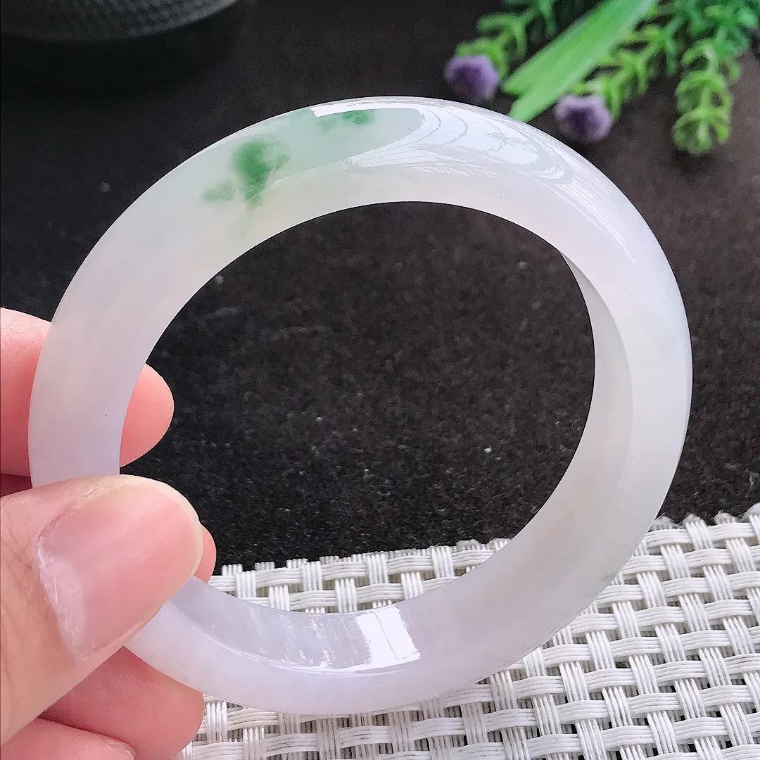 天然A货翡翠54/12.1/8.5老坑冰透果冻胶飘花手镯宽边玉镯