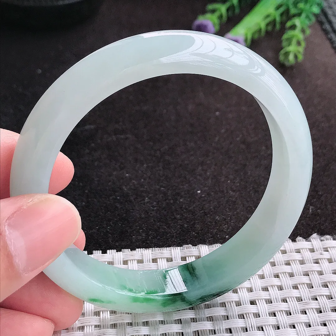 天然A货翡翠57.5/12.2/8.2老坑冰胶飘花手镯宽边玉手镯