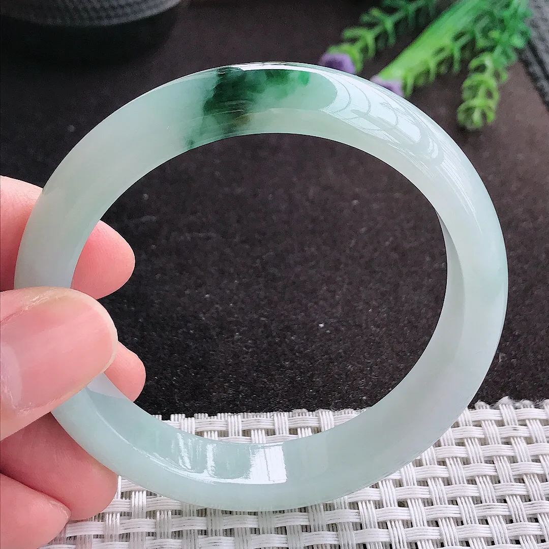 天然A货翡翠57.5/12.2/8.2老坑冰胶飘花手镯宽边玉手镯