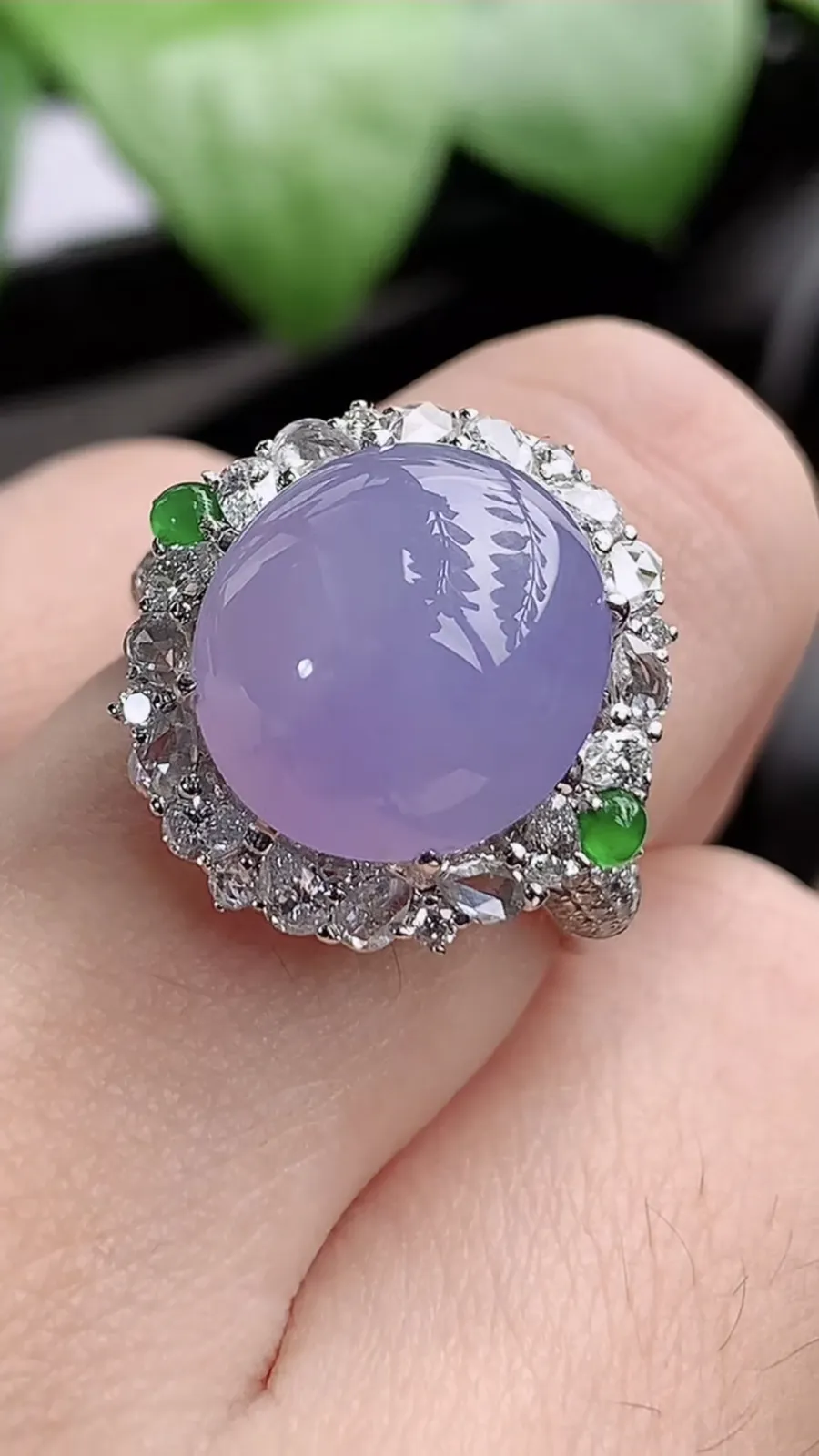 a货翡翠老坑冰种18K金伴钻镶嵌紫罗兰蛋面戒指 圈口17裸石尺寸12.6×11.6mm 重量6.25g 1204