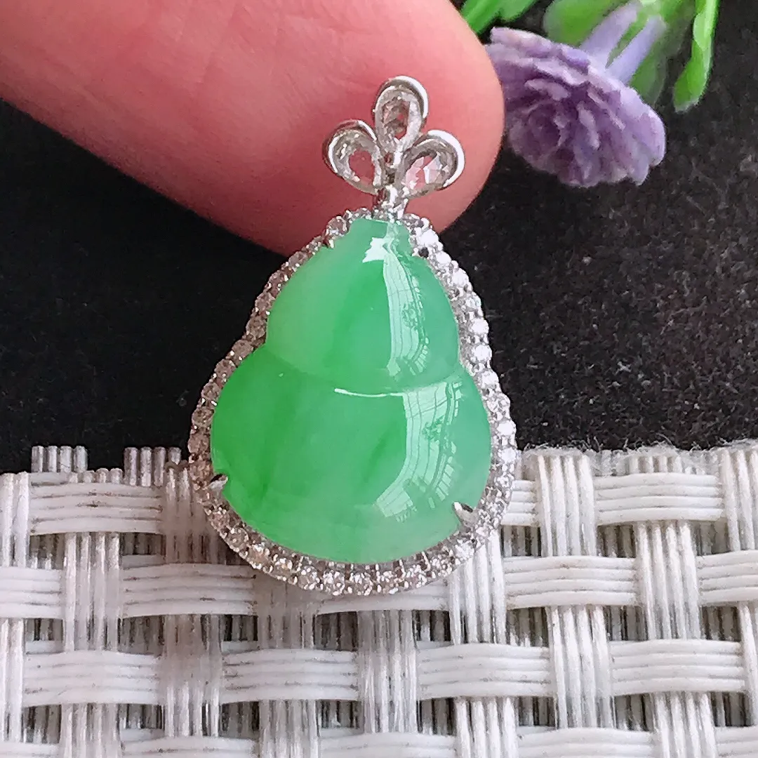 天然A货翡翠22.7/14/8.8老坑18k金镶嵌冰胶飘阳绿葫芦吊坠翡翠玉挂件