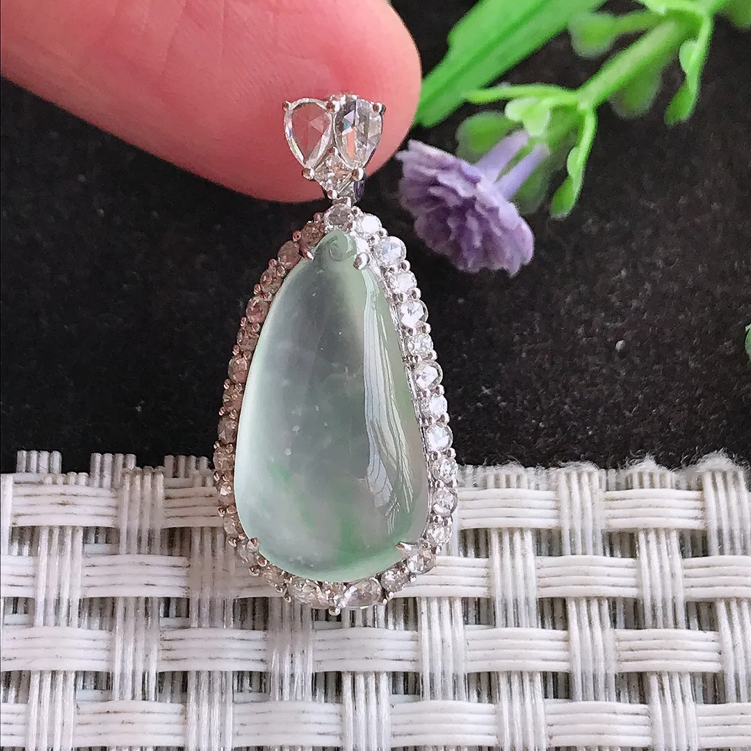 天然A货翡翠28/13.3/8.4老坑18k金镶嵌冰种福瓜吊坠翡翠玉挂件