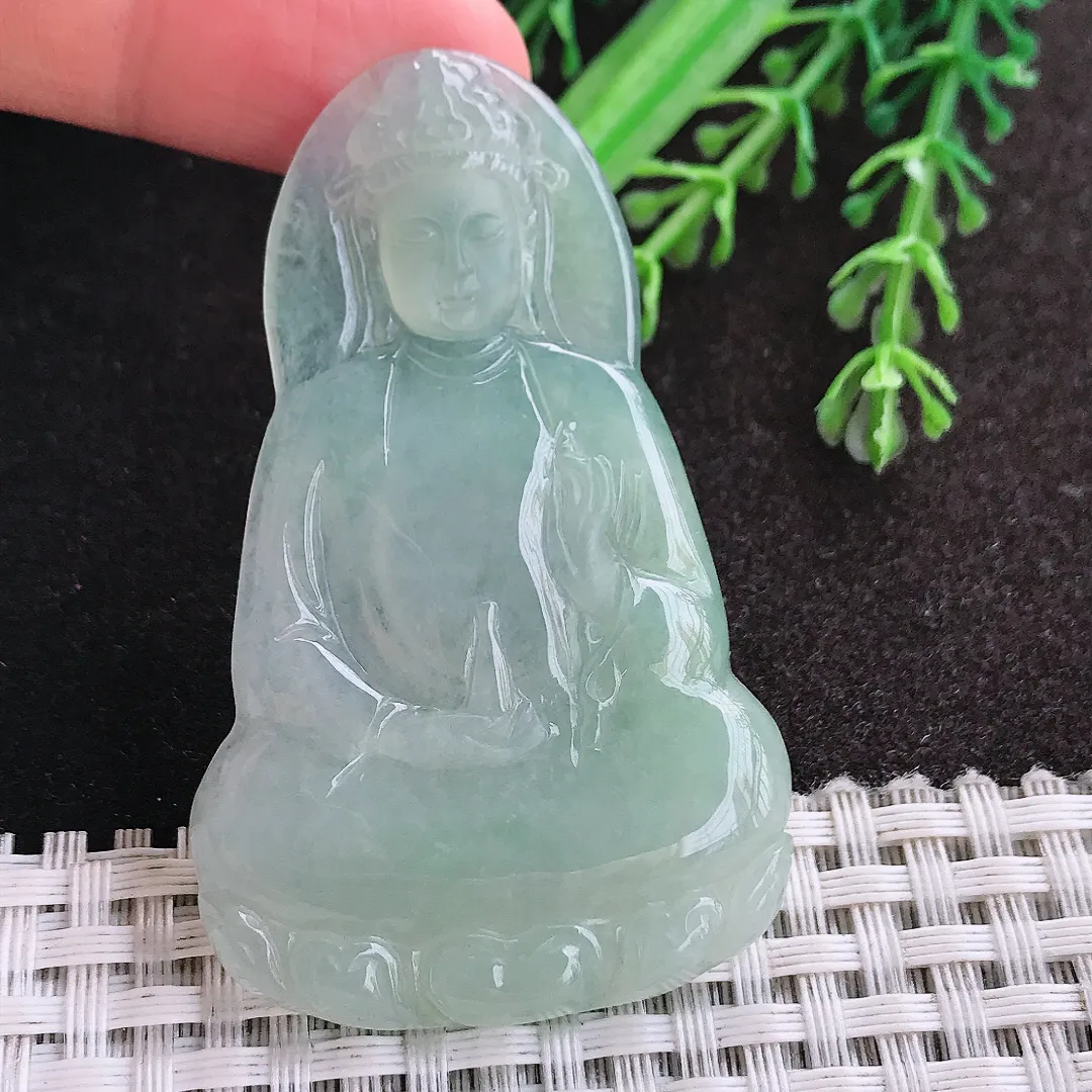 天然A货翡翠59.5/37.5/4.6老坑冰胶水灵冰晴素衣观音吊坠翡翠玉挂件