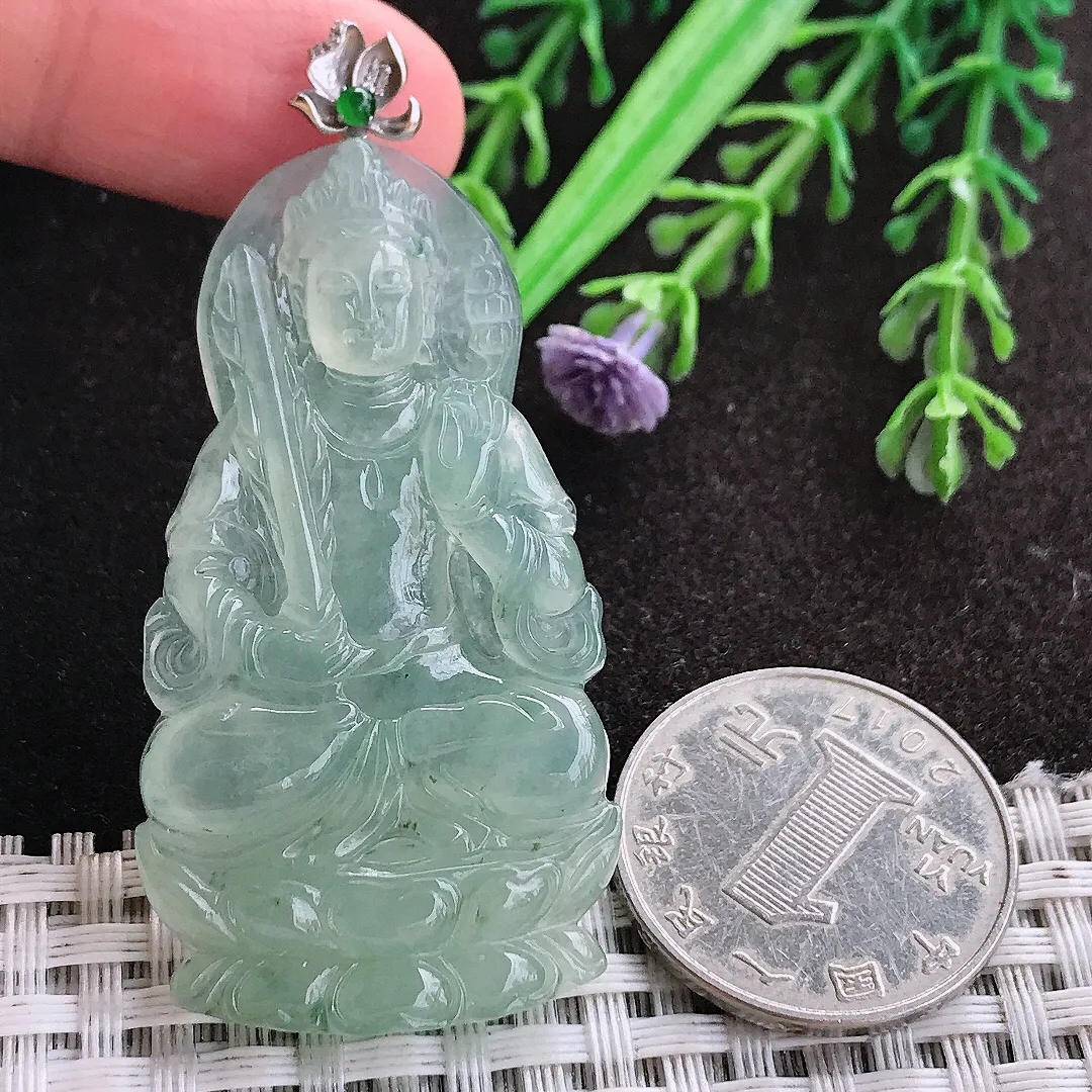 天然A货翡翠52/28/5.5老坑18k金镶嵌冰种冰晴绿渡母菩萨吊坠翡翠玉挂件