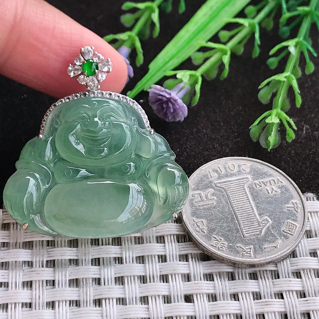 天然A货翡翠36.3/34.7/7.8老坑18k金镶嵌冰种冰晴绿佛公吊坠翡翠玉佛挂件