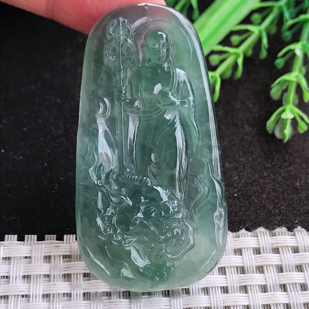 天然A货翡翠58.9/31.8/5.3老坑冰胶水灵蓝韵地藏王菩萨吊坠翡翠玉挂件