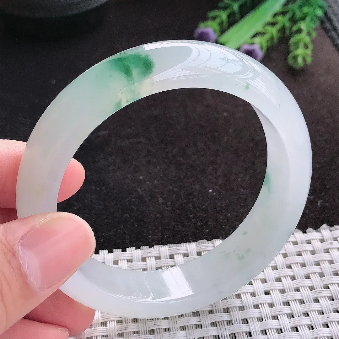 天然A货翡翠57/14.8/8.6老坑冰透果冻胶冰飘花手镯宽边玉镯