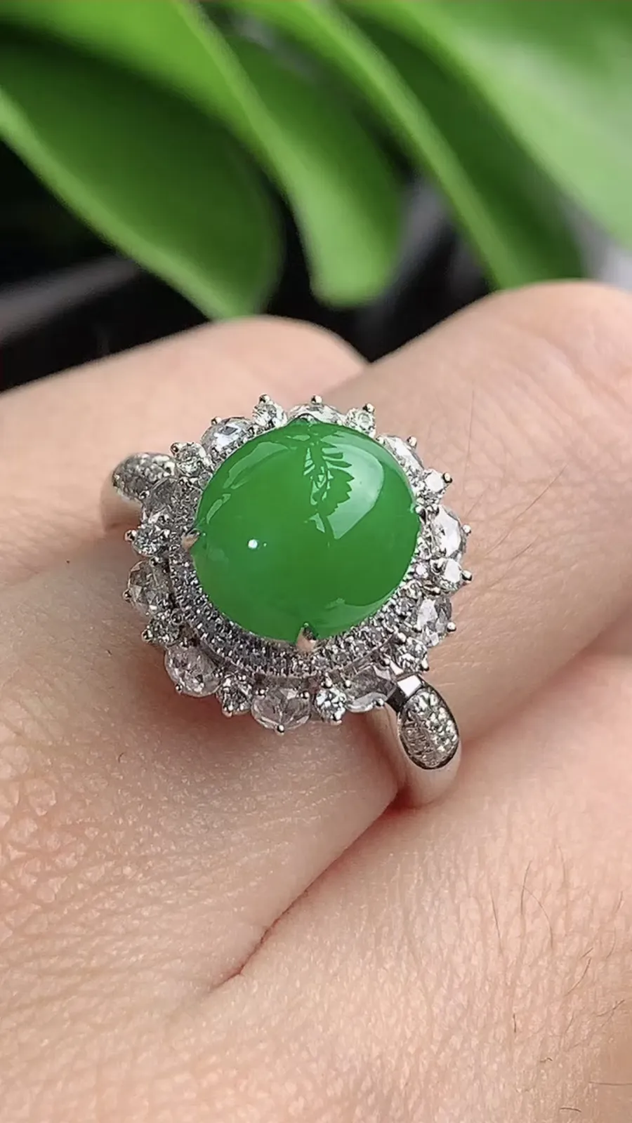 a货翡翠老坑冰种18K金伴钻镶嵌阳绿蛋面戒指 圈口17.7裸石尺寸9×8.6mm 重量3.74g 1203