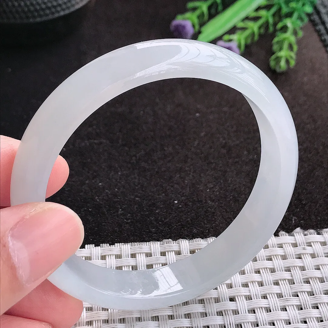 天然A货翡翠56.5/12/6.6老坑冰纯起胶白月光手镯宽边玉手镯