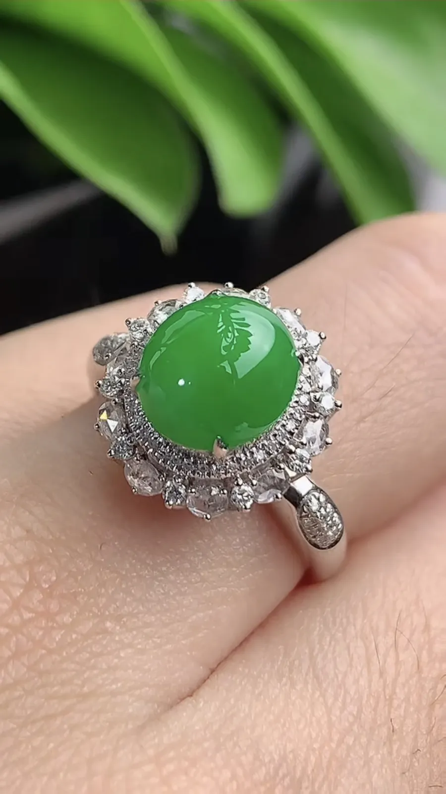a货翡翠老坑冰种18K金伴钻镶嵌阳绿蛋面戒指 圈口17.7裸石尺寸9×8.6mm 重量3.74g 1203