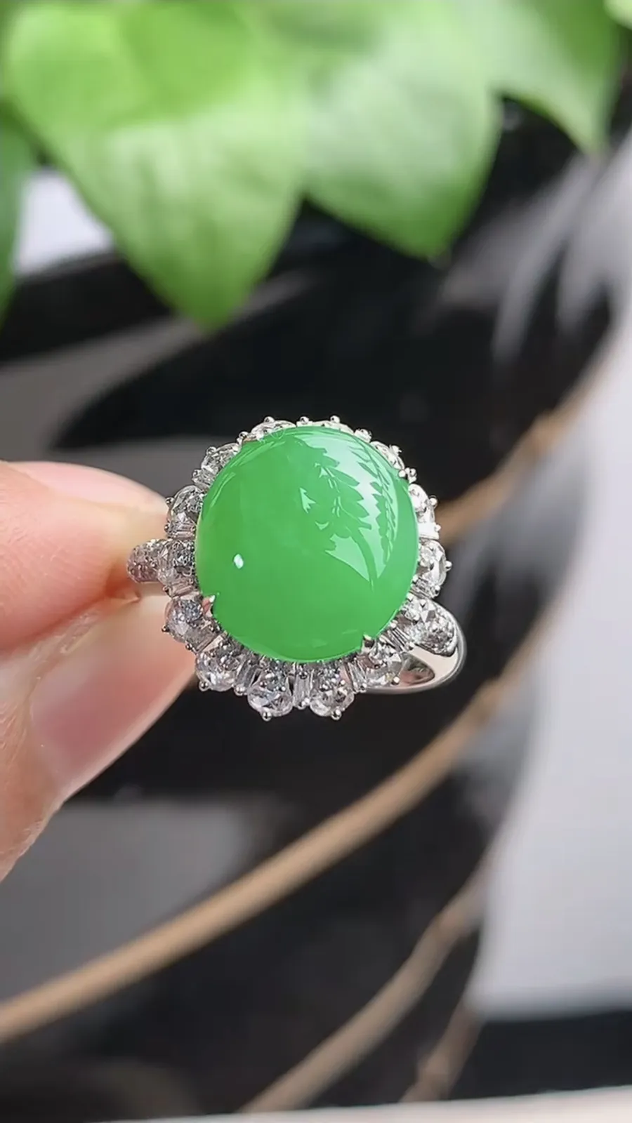 a货翡翠老坑冰种18K金伴钻镶嵌阳绿蛋面戒指 圈口17.6裸石尺寸11.5×10.5mm 重量3.82g 1204