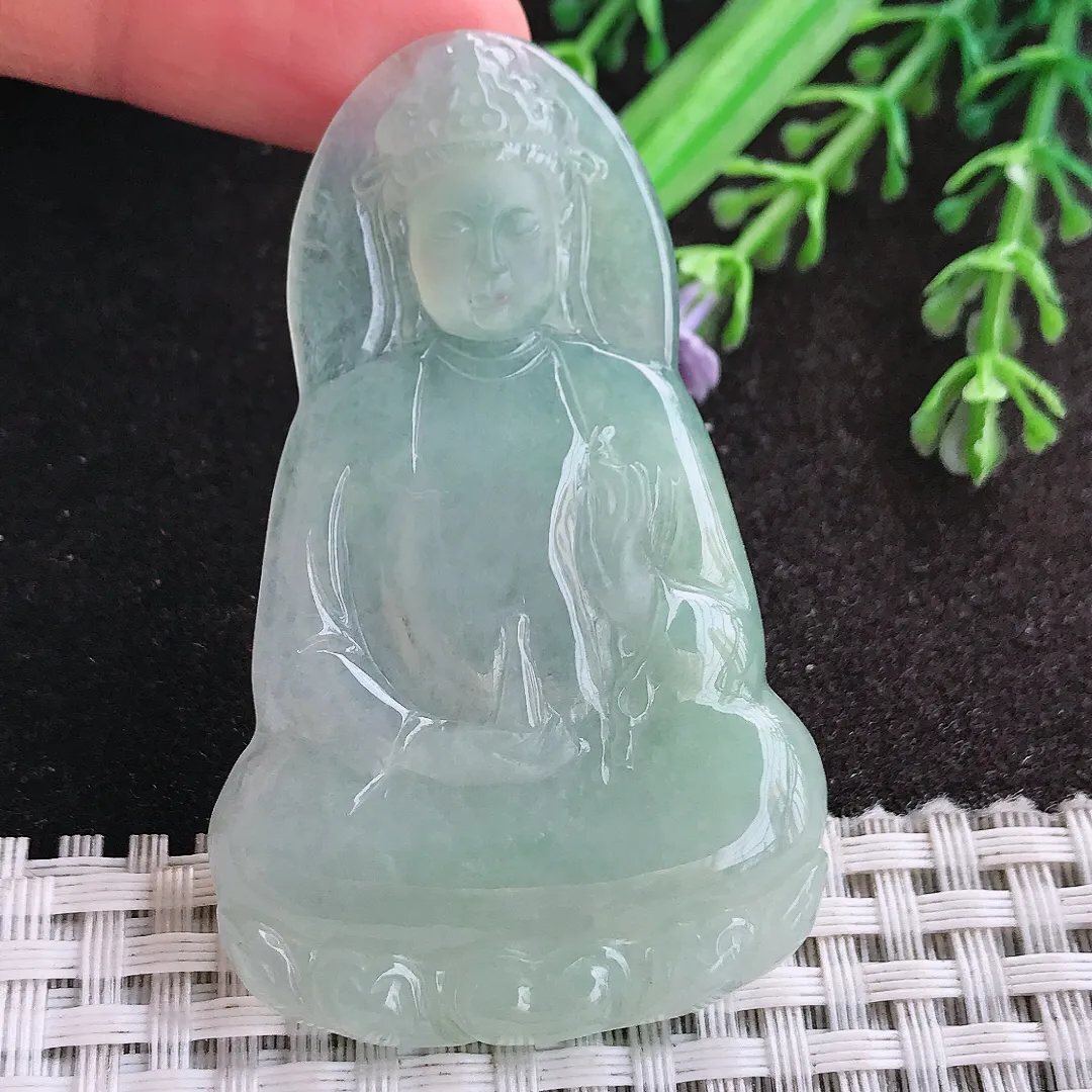 天然A货翡翠59.5/37.5/4.6老坑冰胶水灵冰晴素衣观音吊坠翡翠玉挂件