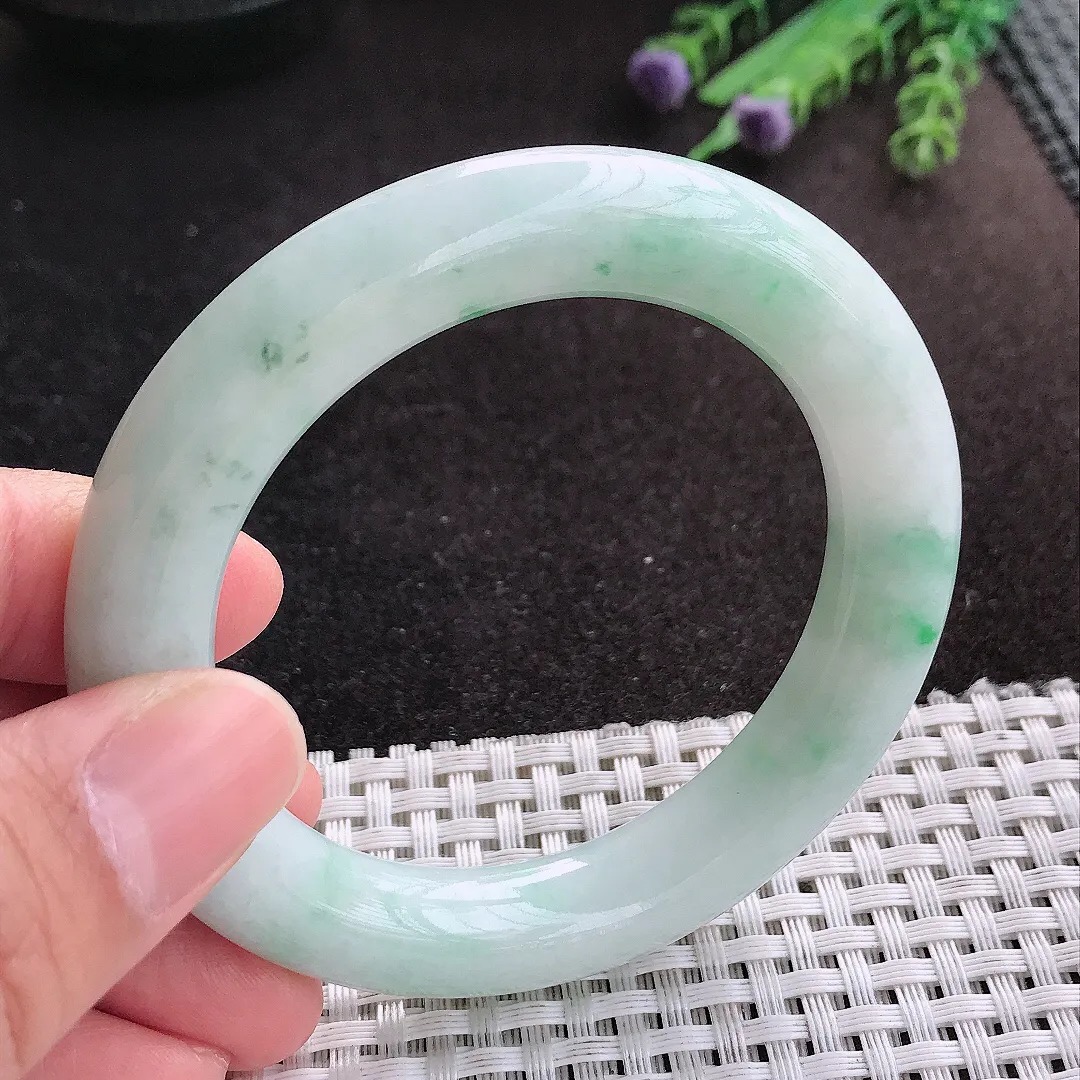 天然A货翡翠53/11/10.8老坑秀气温润飘花圆条手镯玉镯