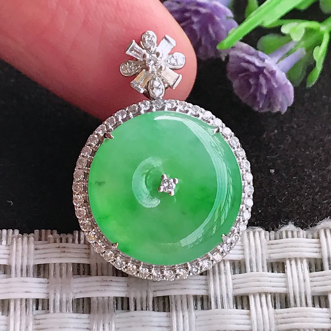 天然A货翡翠25.9/18.9/7.5老坑18k金镶嵌冰阳绿平安扣吊坠翡翠玉扣挂件