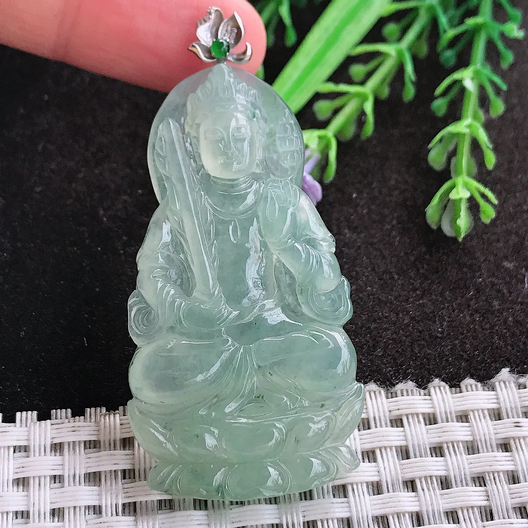 天然A货翡翠52/28/5.5老坑18k金镶嵌冰种冰晴绿渡母菩萨吊坠翡翠玉挂件