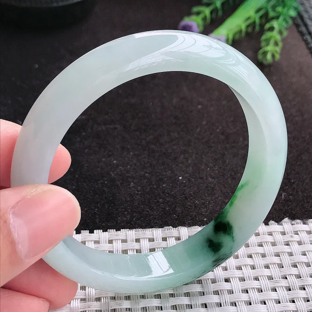 天然A货翡翠57.5/12.2/8.2老坑冰胶飘花手镯宽边玉手镯