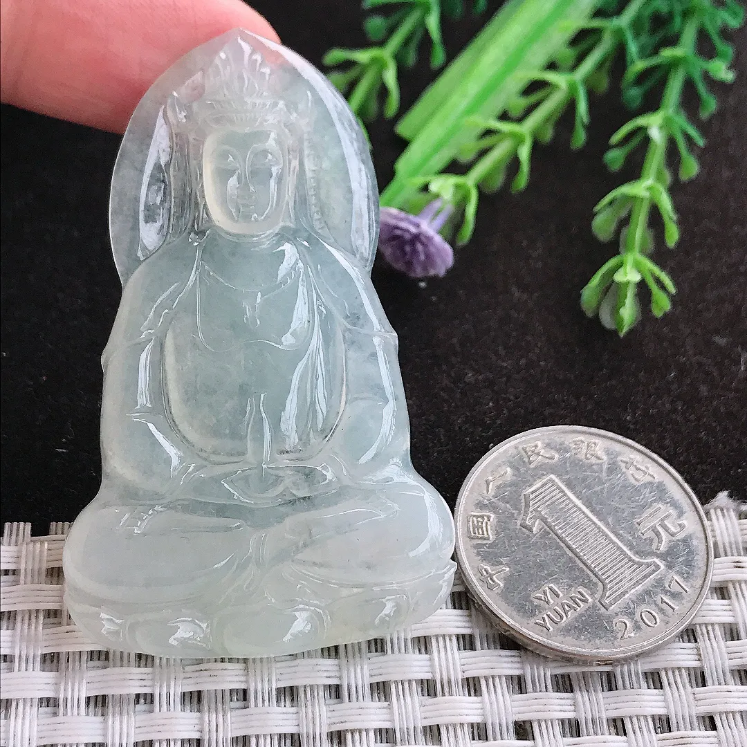 天然A货翡翠56.3/35.2/5老坑冰透起胶观音菩萨吊坠翡翠玉挂件
