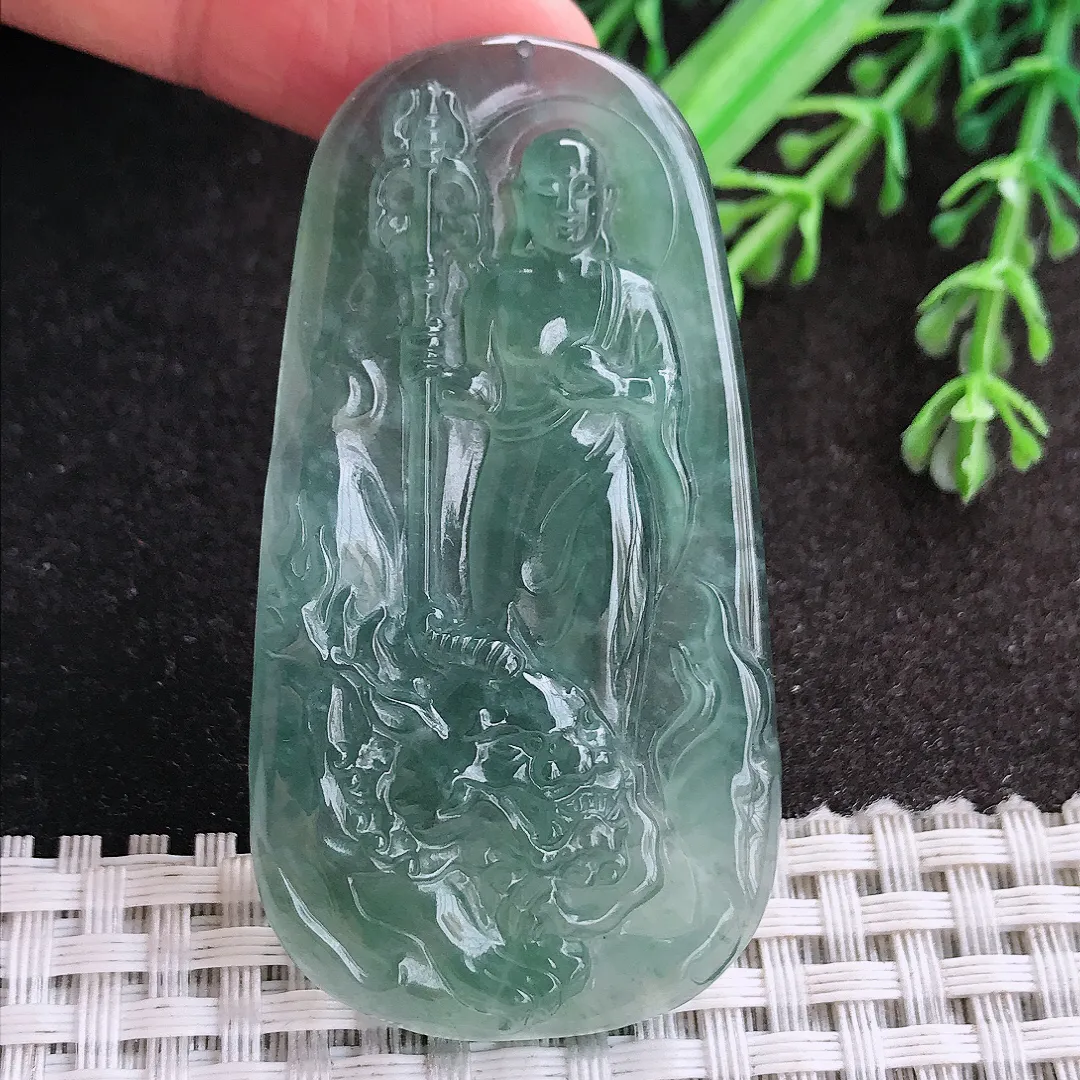 天然A货翡翠58.9/31.8/5.3老坑冰胶水灵蓝韵地藏王菩萨吊坠翡翠玉挂件