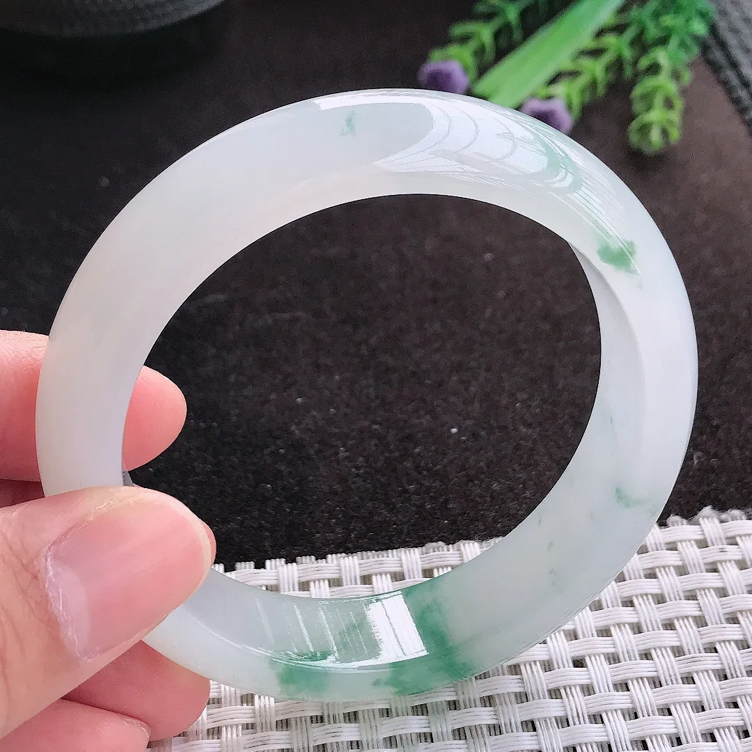 天然A货翡翠57/14.8/8.6老坑冰透果冻胶冰飘花手镯宽边玉镯