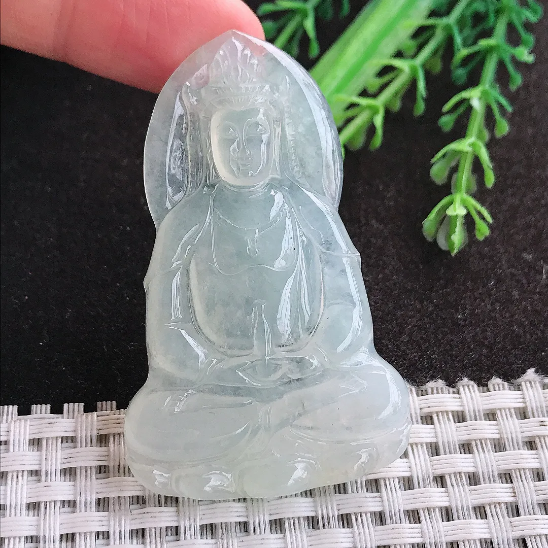 天然A货翡翠56.3/35.2/5老坑冰透起胶观音菩萨吊坠翡翠玉挂件