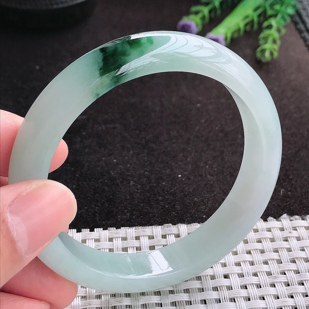 天然A货翡翠57.5/12.2/8.2老坑冰胶飘花手镯宽边玉手镯