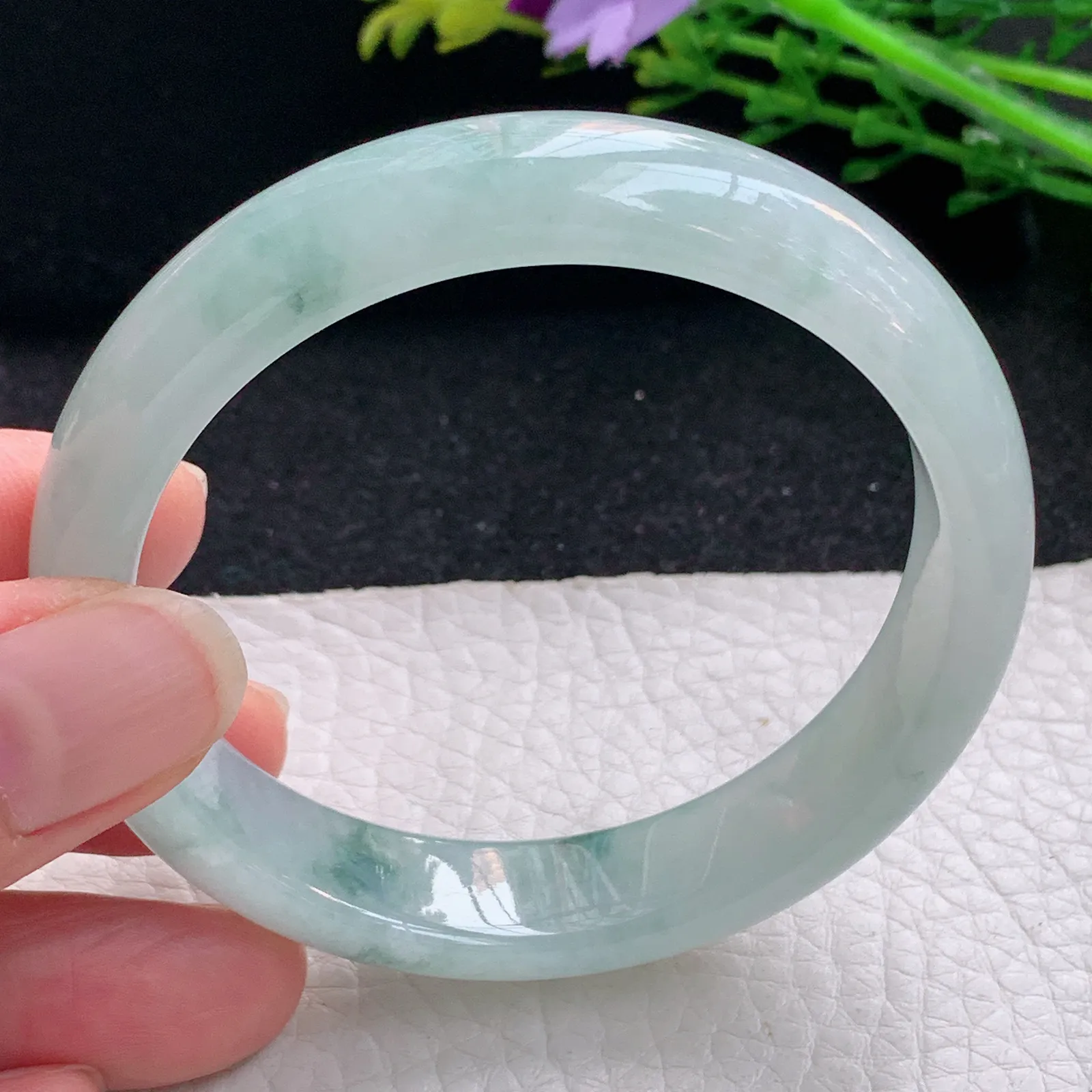 xx自然光55*12.5*7.2平安镯 缅甸翡翠a货玉手镯冰飘花宽边玉手环