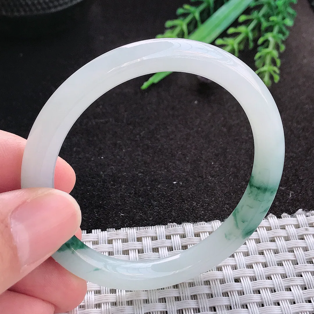 天然A货翡翠51.5/7.4/7.6老坑冰润起胶飘花圆条手镯小圈口细条玉镯