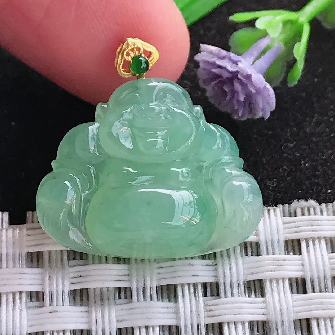 天然A货翡翠17.3/21.6/6老坑18k金镶嵌冰晴绿小佛公吊坠翡翠玉挂件
