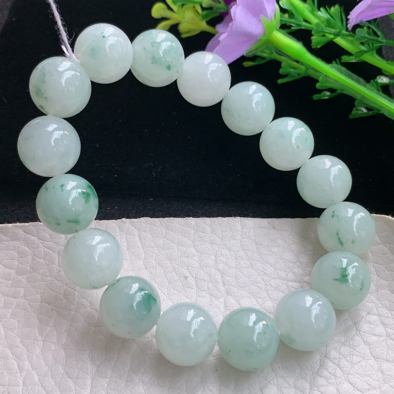 ss自然光12.6mm天然缅甸翡翠a货冰飘花圆珠玉手链  玉手串