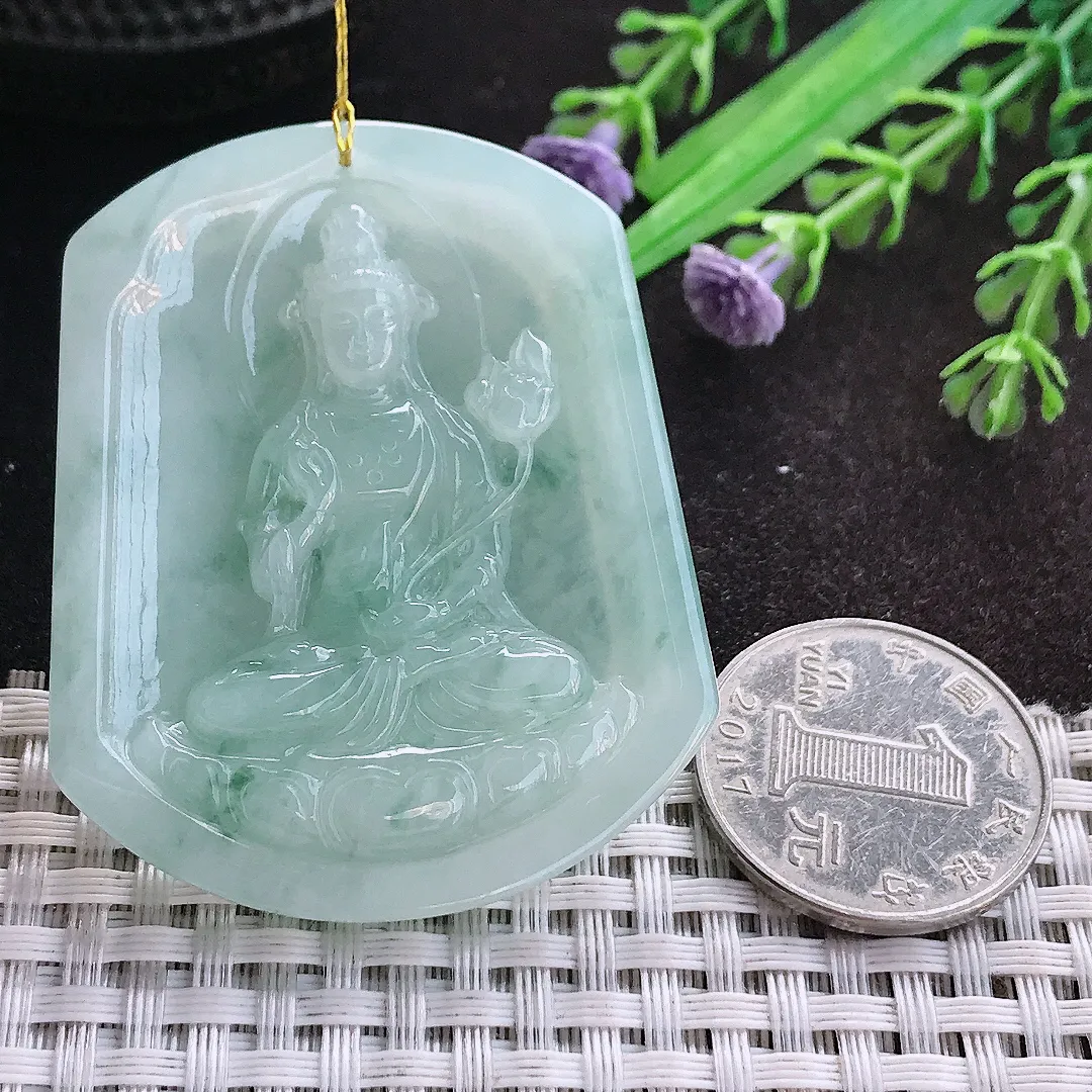 天然A货翡翠53.6/43.8/6老坑秀气温润飘花大势至菩萨吊坠翡翠玉挂件