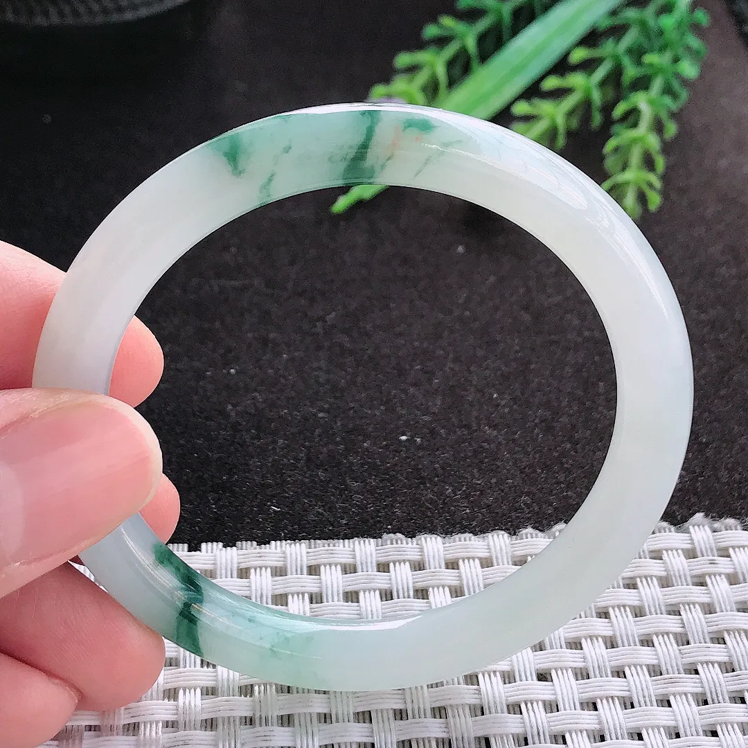 天然A货翡翠51.5/7.4/7.6老坑冰润起胶飘花圆条手镯小圈口细条玉镯