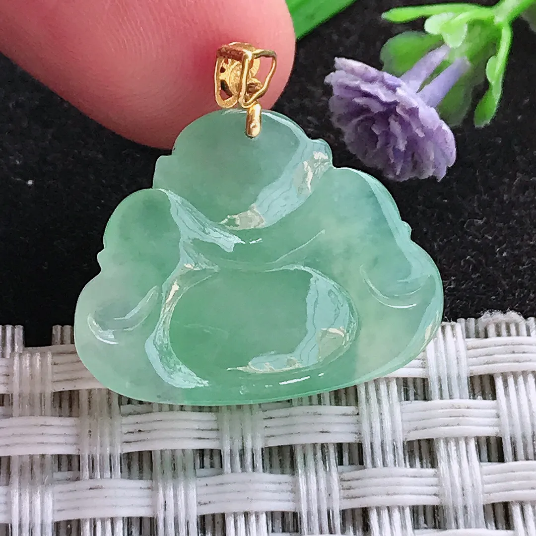 天然A货翡翠17.3/21.6/6老坑18k金镶嵌冰晴绿小佛公吊坠翡翠玉挂件