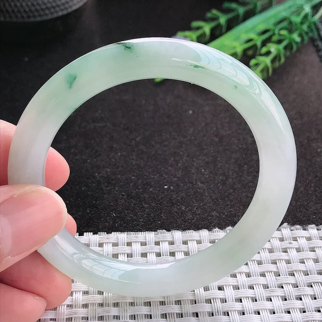 天然A货翡翠53.5/9.1老坑冰胶果冻飘花圆条手镯玉镯